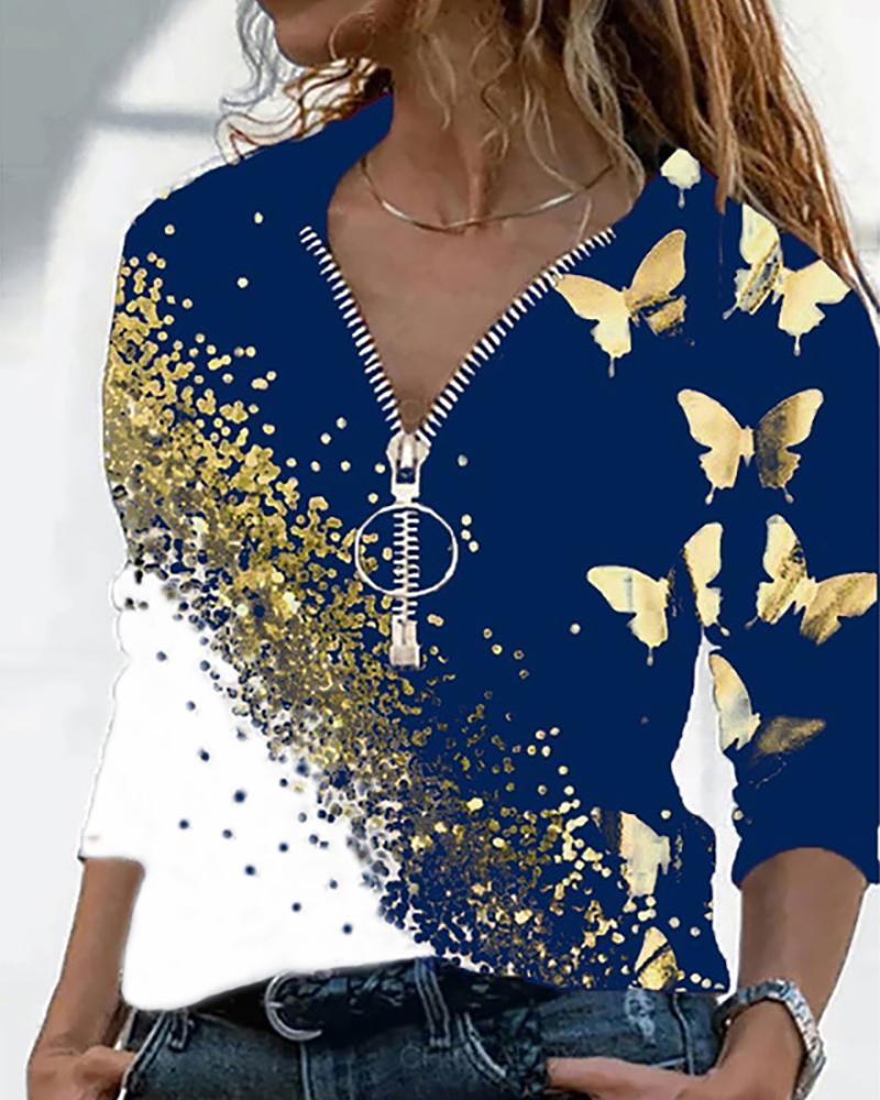 Butterfly Print Colorblock Zip Front Top