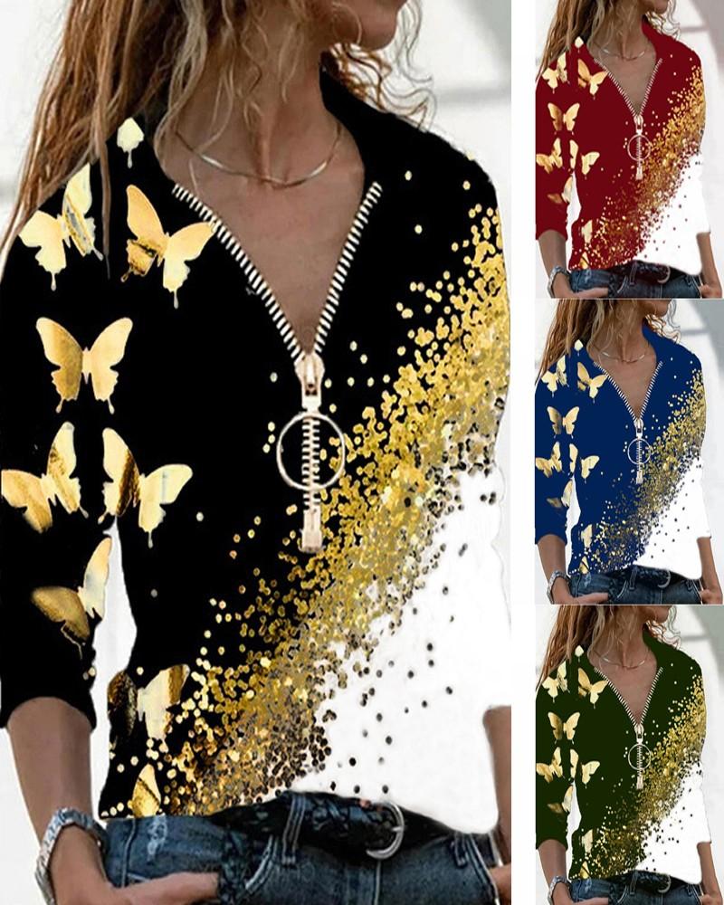 Butterfly Print Colorblock Zip Front Top