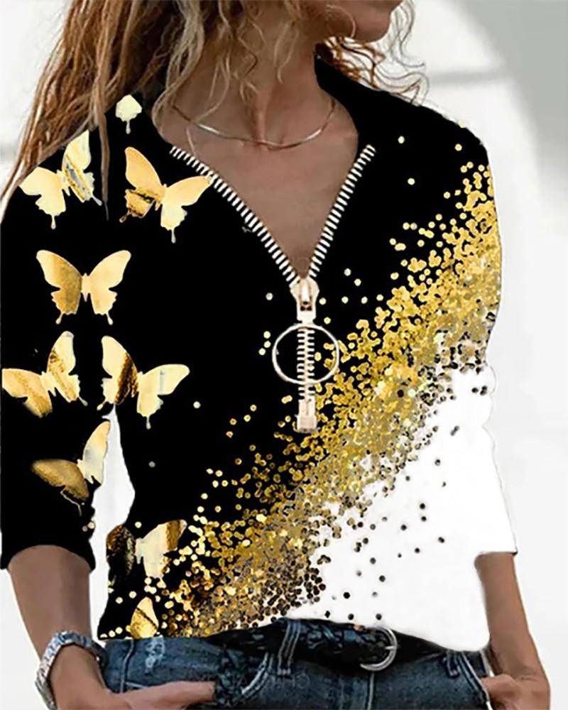 Butterfly Print Colorblock Zip Front Top