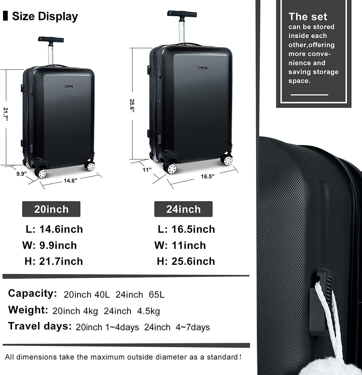 Hardside Luggage Set of 2 Piece Suitcase Set of 2 with Spinner Wheels Carry On Luggage Airline Approved and Built-In TSA Lock, Black