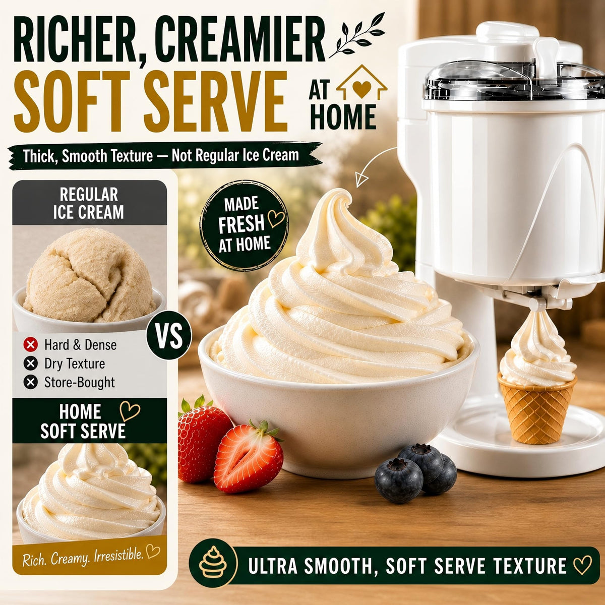 Soft Serve Ice Cream Machine with Freezer Bowl, 1.0 Qt Homemade Swirl Ice Cream Maker, Ice Cream Machine for Frozen Yogurt & Sorbet, 20–30 Min Fast Churn, Easy to Clean, Compact Appliance Gift