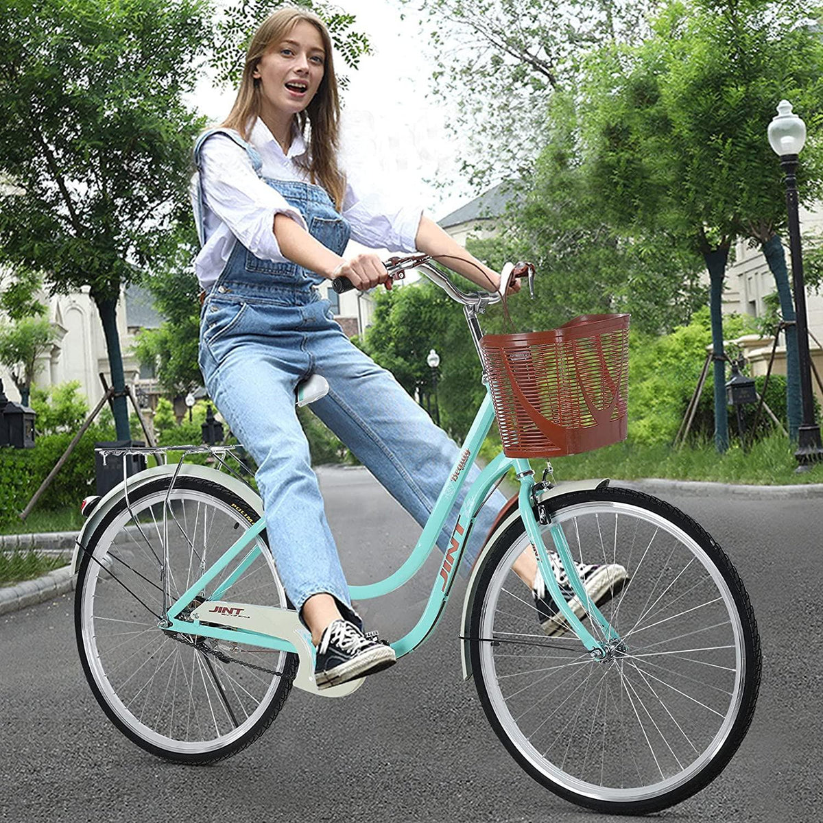 Womens Cruiser Bike 26 Inch Beach Cruiser Bike Classic Retro Bicycle Road Bikes, Single Speed Bicycle Commuter Bicycle High-Carbon Steel Frame, Front Basket, Rear Racks