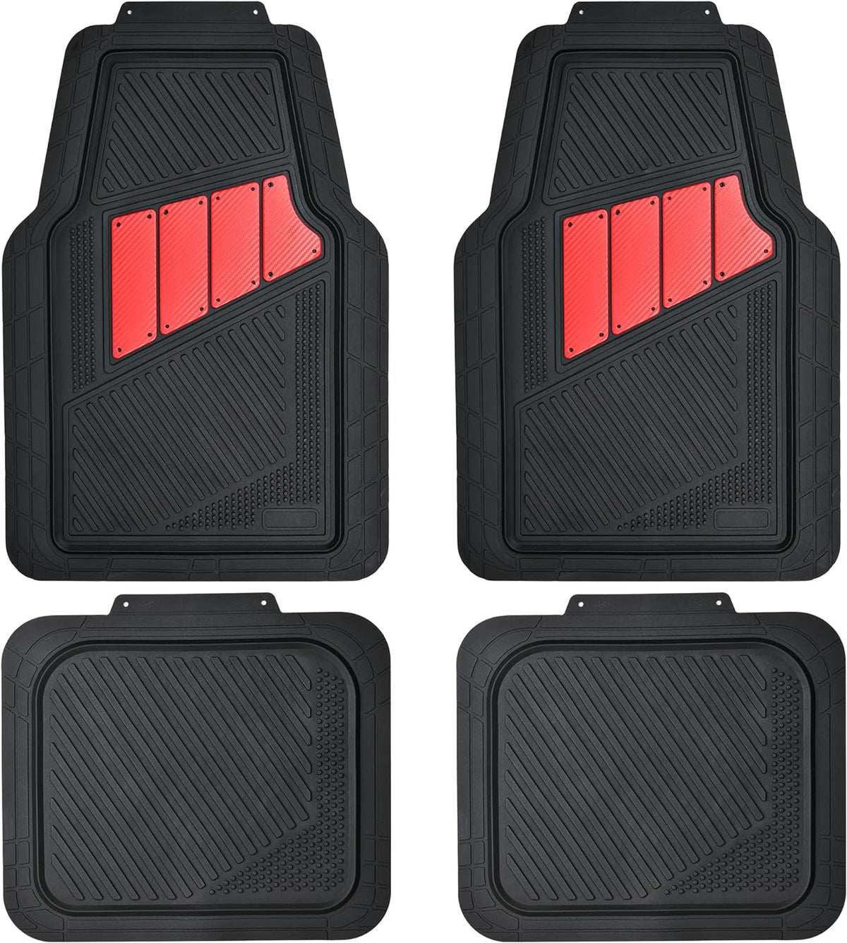 CAR PASS Heavy Duty Rubber Floor Mats 4-Piece Car Mat Set - Universal Waterproof Carbon Fiber Floor Mats for Car SUV Truck, Durable All-Weather Mats(Black and Red)