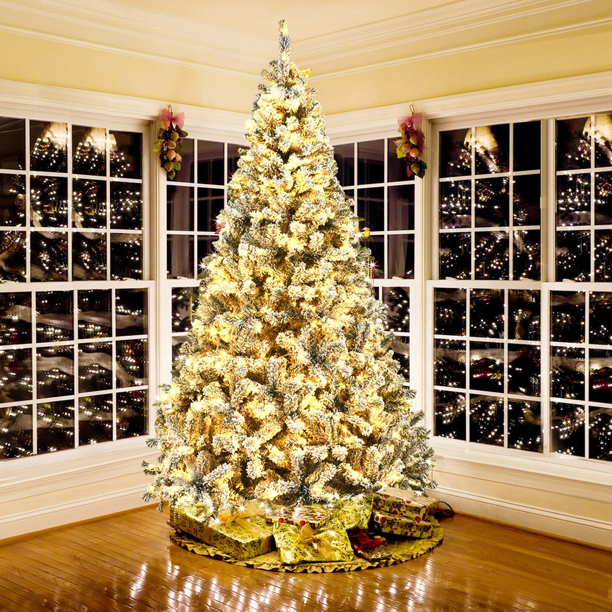 Gymax 9 FT Pre-Lit Christmas Tree Snow Flocked Hinged Pine Tree w/ Metal Stand