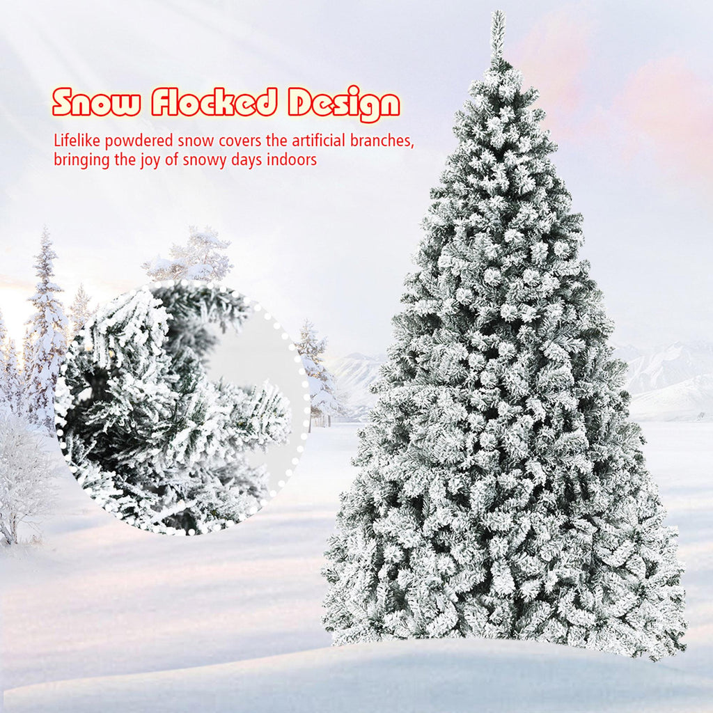 Gymax 9 FT Pre-Lit Christmas Tree Snow Flocked Hinged Pine Tree w/ Metal Stand