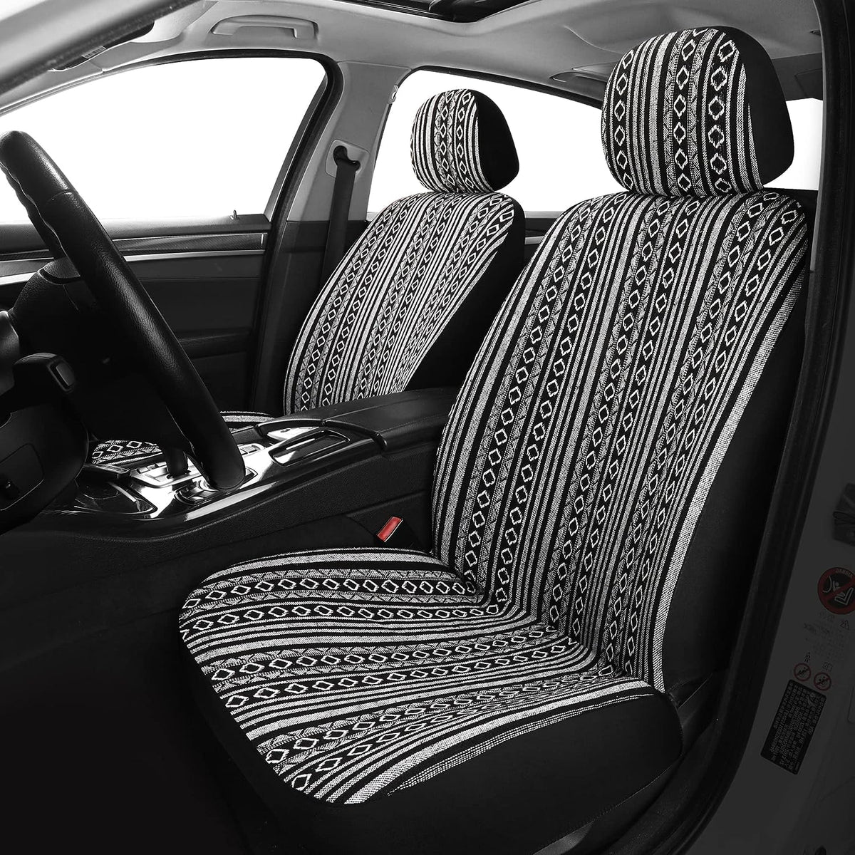 Pariitadin Baja Saddle Blanket Car Seat Covers Full Set with Seat Belt Pads, Washable Breathable Striped Woven Cloth Seat Covers for Cars, Universal Fit Most Cars, Airbag Compatible, Black/White