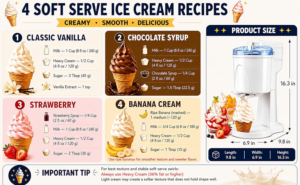Electric 1.0 Qt Soft Serve Ice Cream Machine with Freezer Bowl, Countertop Ice Cream Maker Machine, Homemade Ice Cream Swirl, Sorbet & Frozen Yogurt Maker, Easy to Clean,Fast Churn 20-35 Minutes
