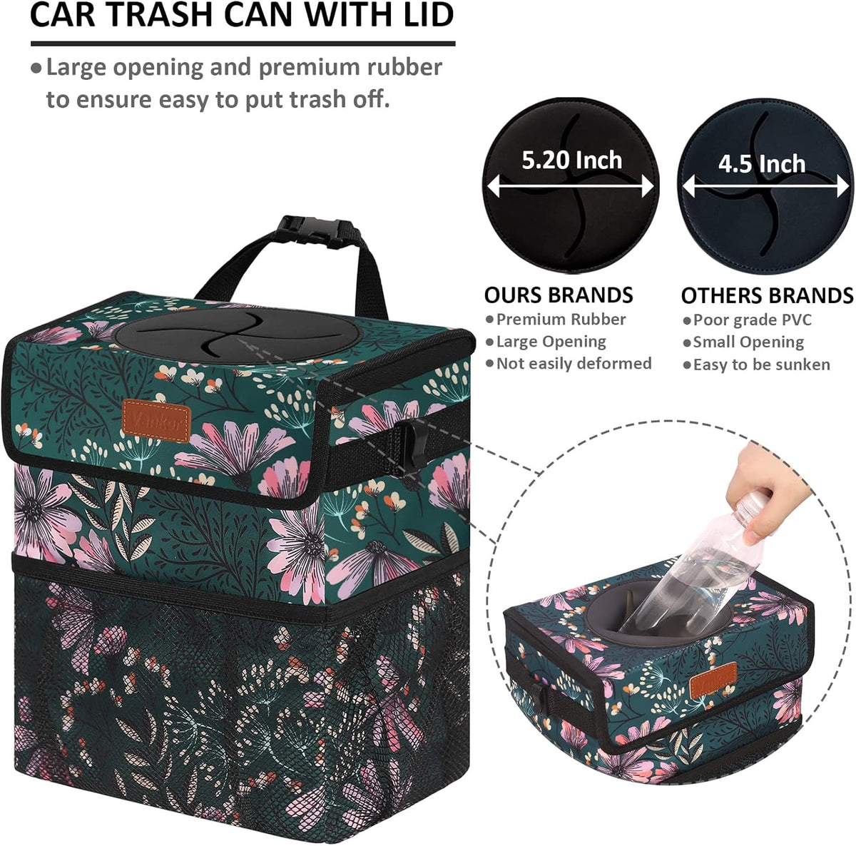 Vankor Car Trash Can for Cute, Bag Bin Hanging Waterproof Automotive Garbage Cans Leak Proof Vehicle Navy Floral