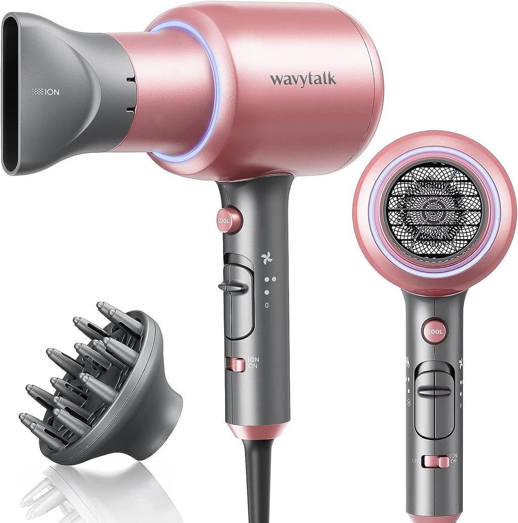 Wavytalk Professional Ionic Hair Dryer Blow Dryer with Diffuser and Concentrator for Curly Hair 1875 Watt Negative Ions Dryer with Ceramic Technology Nozzle for Fast Drying as Salon Light and Quiet