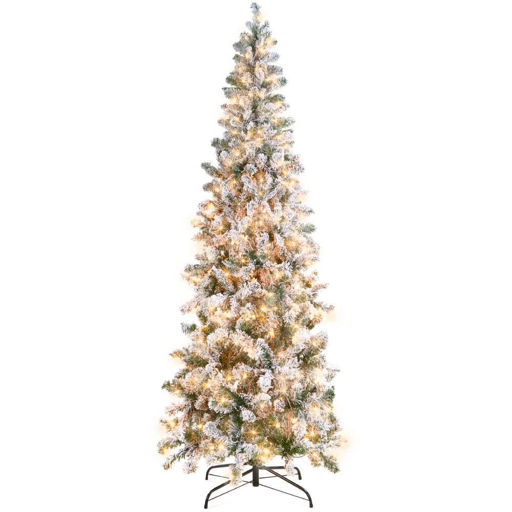 9 ft. Pre-Lit Incandescent Snow Flocked Pencil Artificial Christmas Tree with 500 Clear Lights