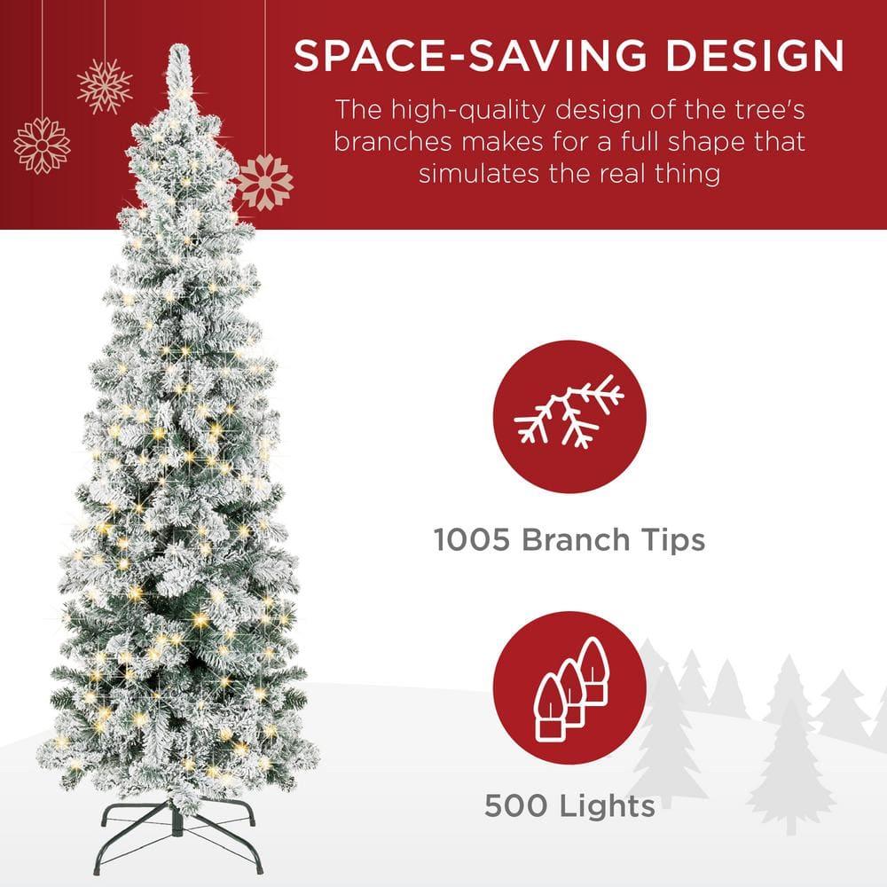 9 ft. Pre-Lit Incandescent Snow Flocked Pencil Artificial Christmas Tree with 500 Clear Lights