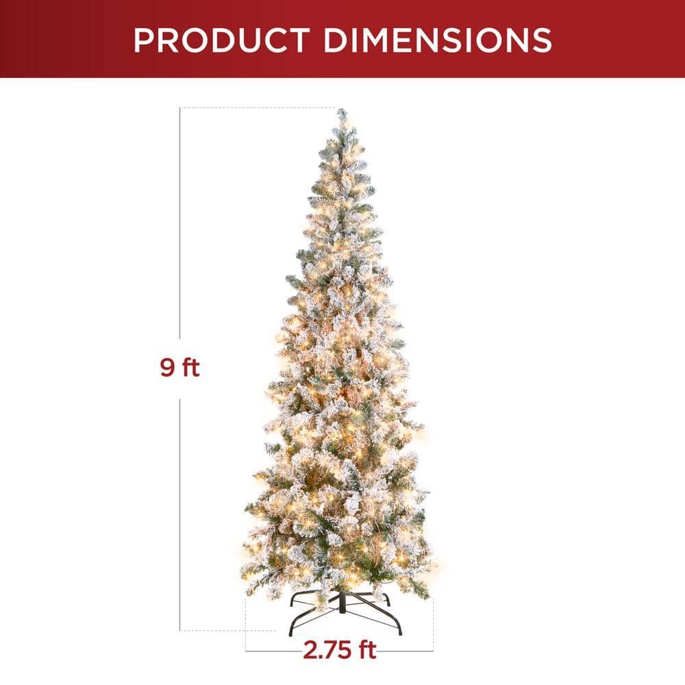 9 ft. Pre-Lit Incandescent Snow Flocked Pencil Artificial Christmas Tree with 500 Clear Lights