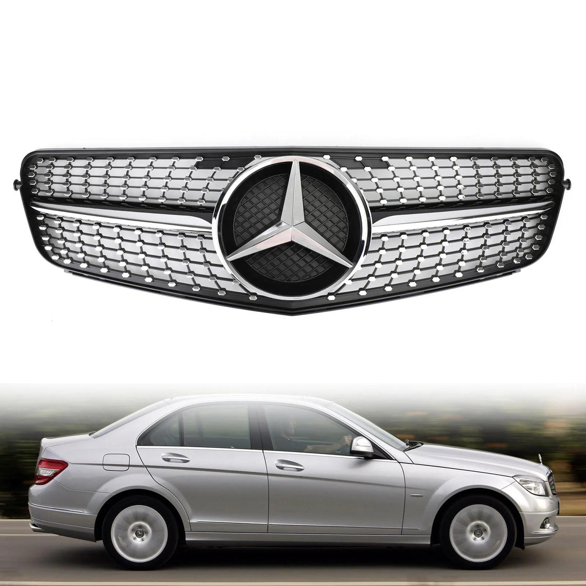 2008-2014 Benz W204 C200 C300 Diamond Black Chrome Front Grille Grill Generic