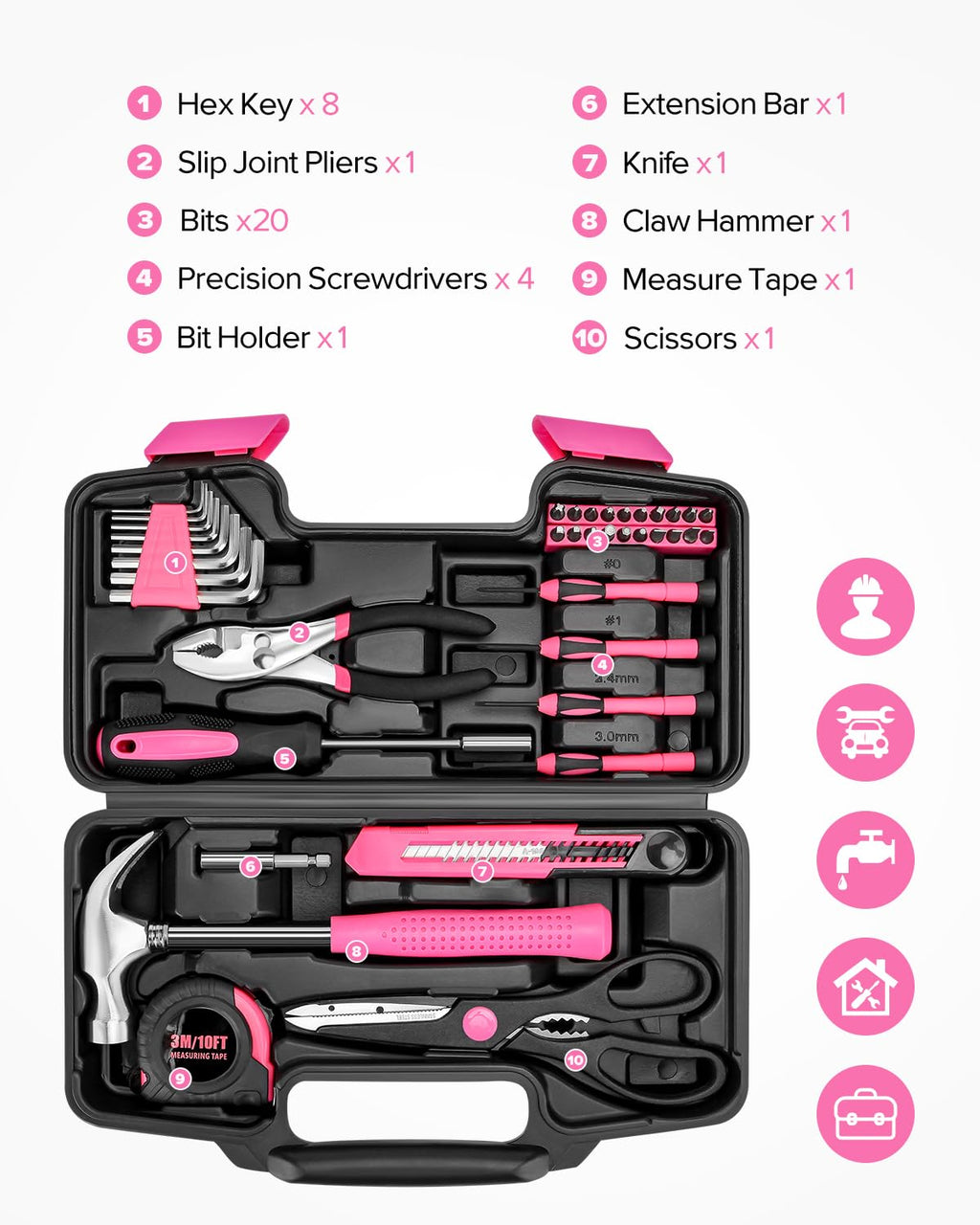 39pcs Pink Household Tool Set, Essential Hand Tool Kit with Plastic Toolbox for Home Repairs, DIY & Crafts, Perfect for Students & Everyday Use