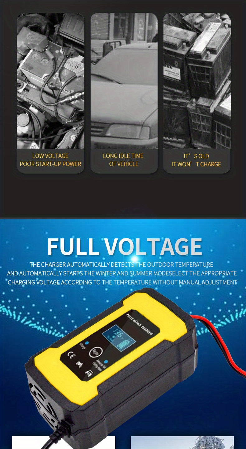 12V 6-Amp Intelligent Car Motorcycle Battery Charger: Smart Digital LCD Display, Pulse Repair & VRLA/AGM/Lead Acid Charging