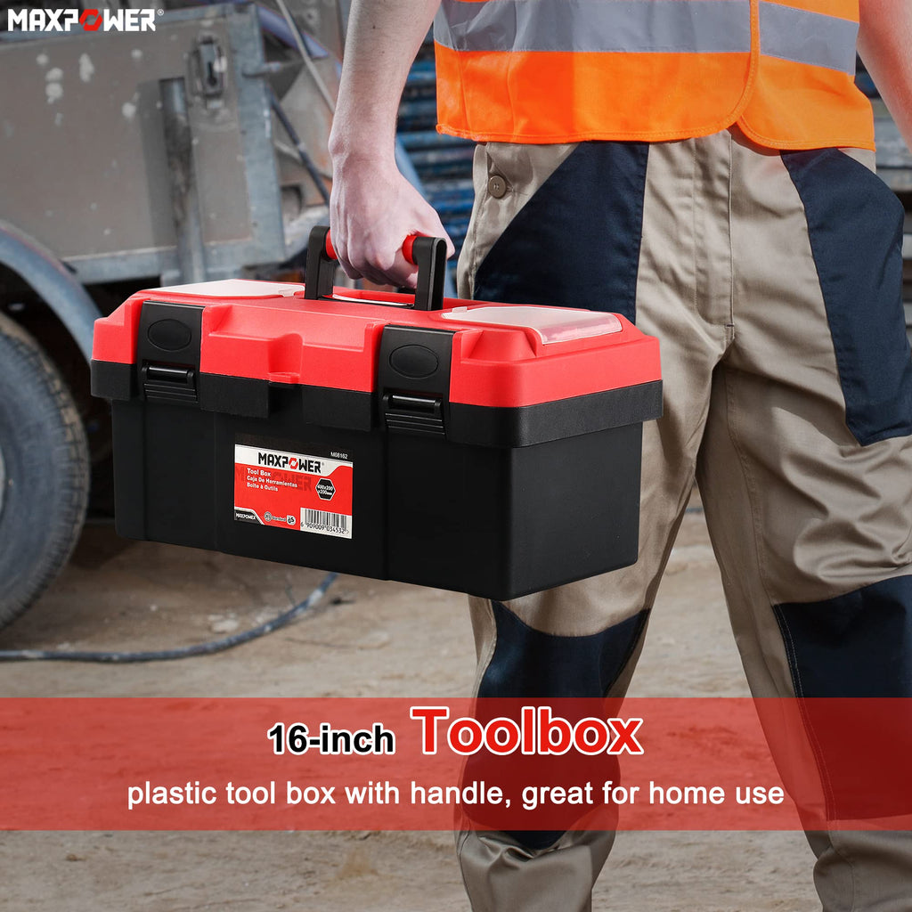 Tool Box 16 inch, Plastic Small Tool Box with Latch and Removable Tray, Lockable Toolbox for Home