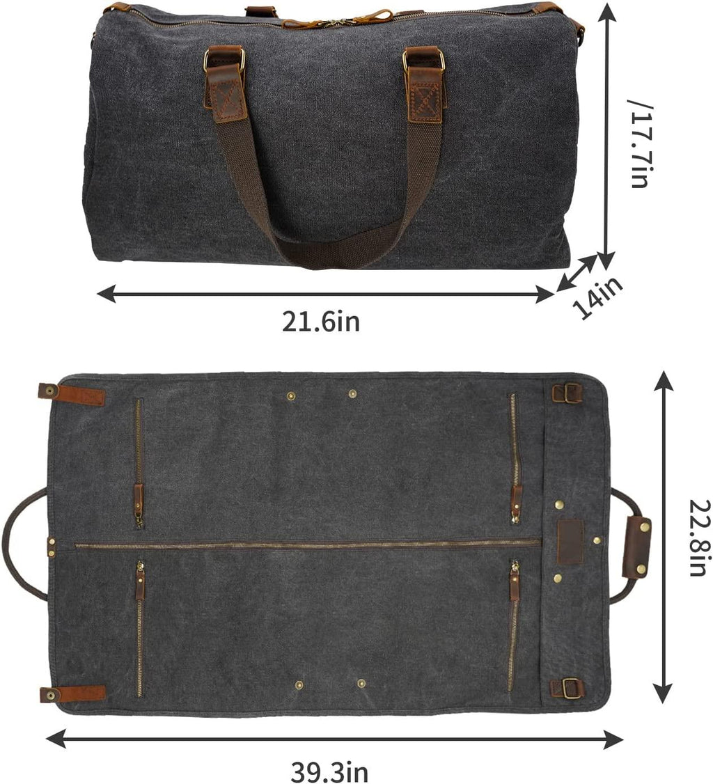2 in 1 Canvas Leather Suit Luggage Garment Bag with Shoulder Strap for Travel and Business Trips (Black)