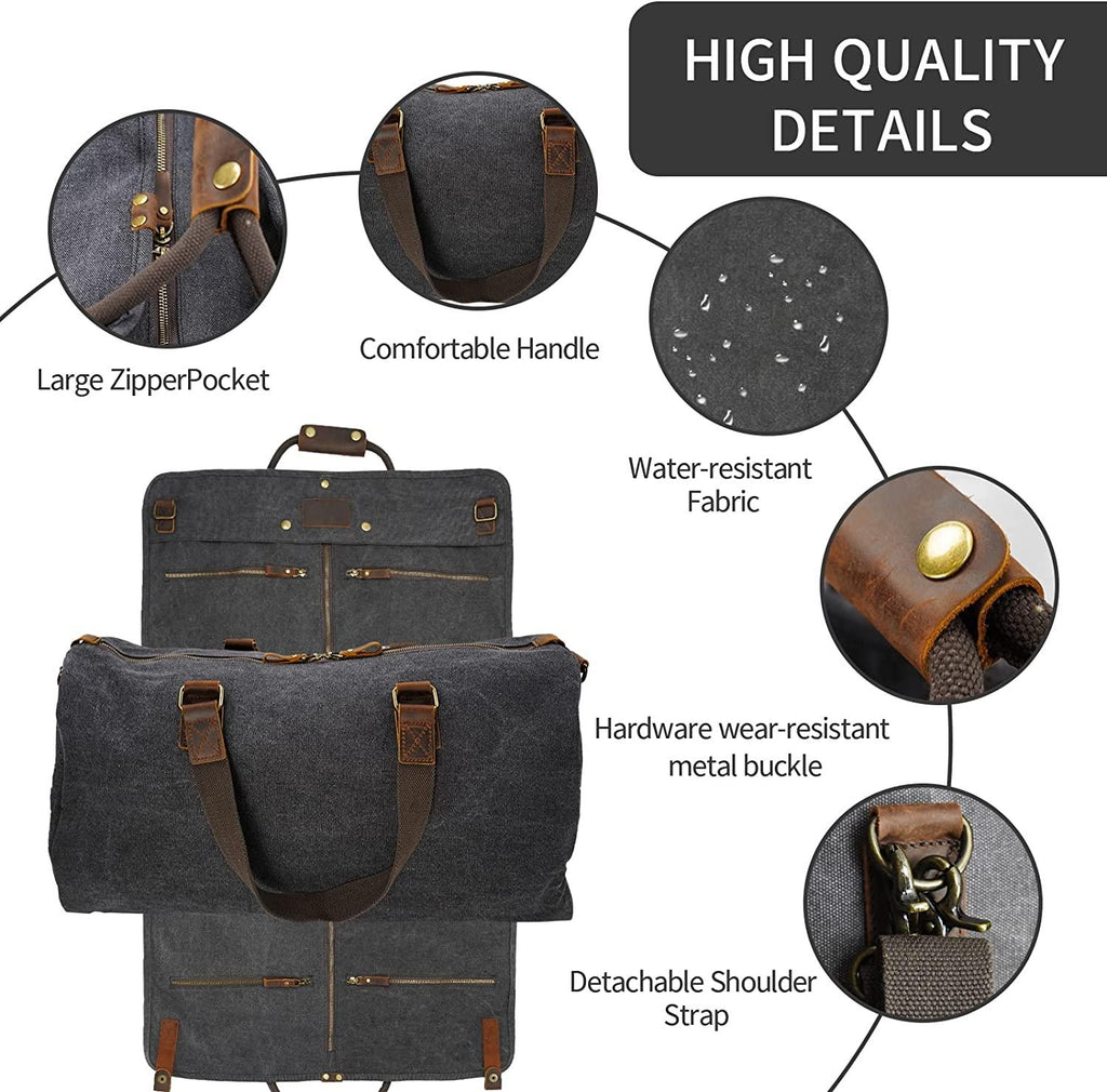 2 in 1 Canvas Leather Suit Luggage Garment Bag with Shoulder Strap for Travel and Business Trips (Black)