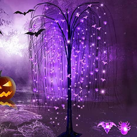 5Ft Halloween Tree Outdoor Decorations, 240 LED Purple Lighted Willow Tree with Spider Bat Ornaments, 8 Modes Artificial Black Weeping Willow Halloween Spooky Tree for Home Party Yard Garden Decor