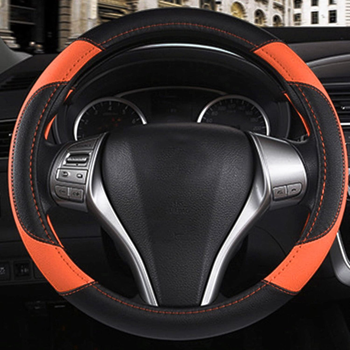 Leather Car Steering Wheel Cover, Non-Slip Car Wheel Cover Protector Breathable Microfiber Leather Universal Fit for Most Cars (Orange-2)