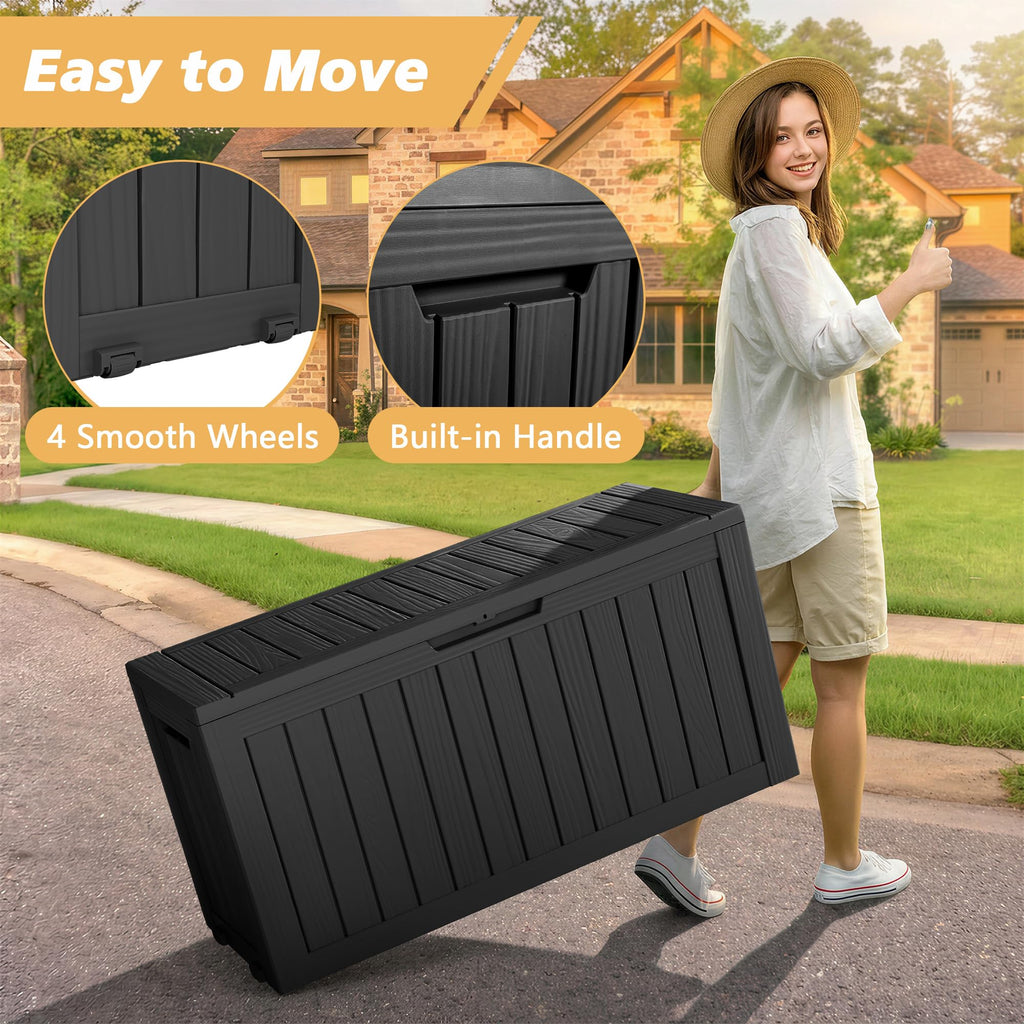 75 Gallon Outdoor Deck Box Waterproof, LarStoraBox for Patio, Resin StoraBench Lockable for Garden Tools, PackaDelivery, Black