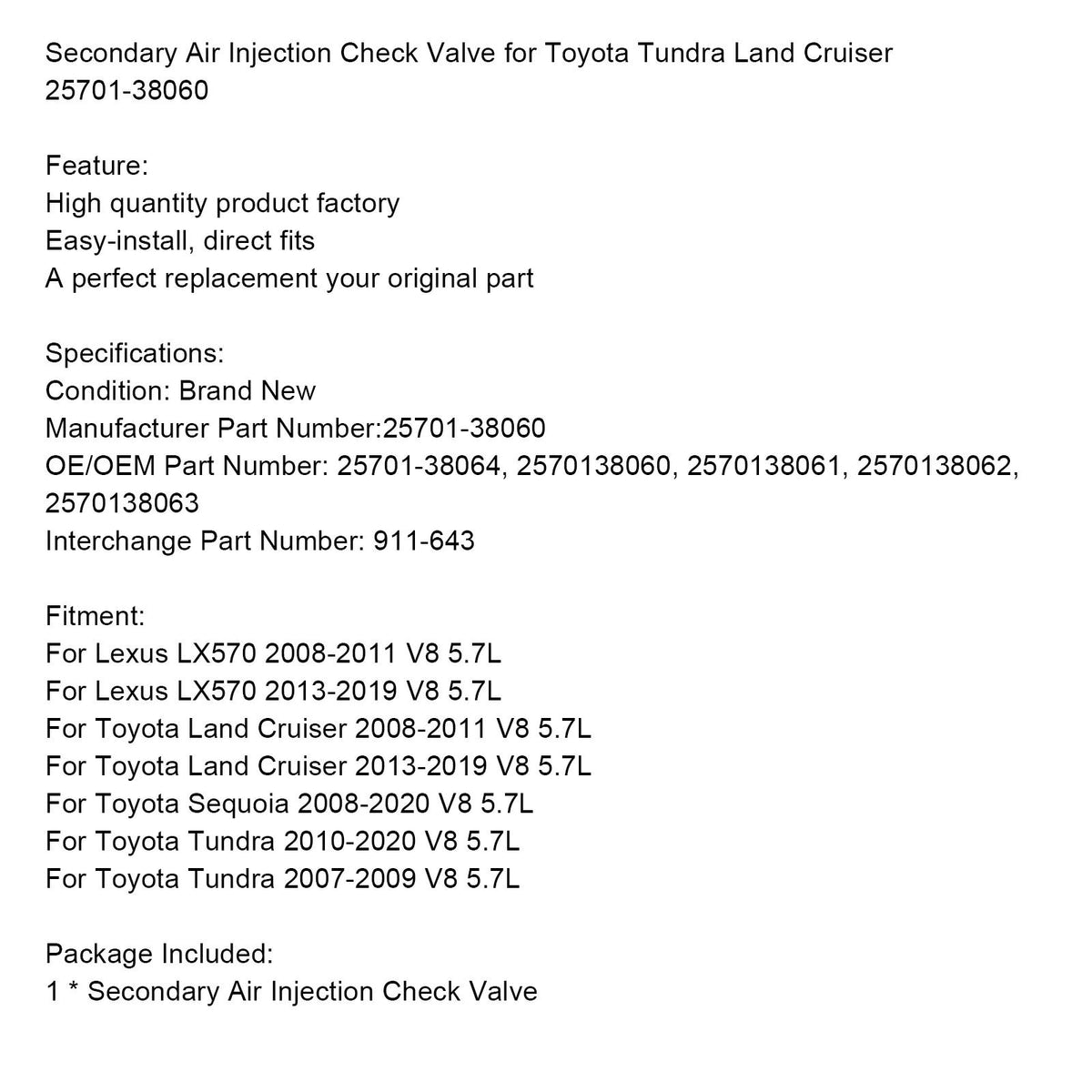Toyota Land Cruiser 2008-2011 V8 5.7L Secondary Air Injection Check Valve 2570138064 2570138060 2570138061 2570138062 2570138063 Fedex Express Generic