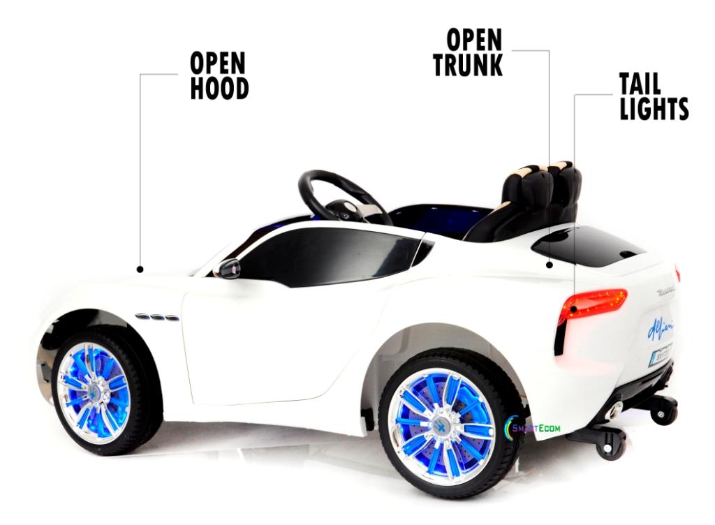 12V Maserati Alfieri Ride on Electric Car For Kids with MP4 Touch Screen Remote Control LED lights wheels MP3 Leather seat - White