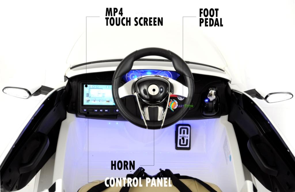 12V Maserati Alfieri Ride on Electric Car For Kids with MP4 Touch Screen Remote Control LED lights wheels MP3 Leather seat - White