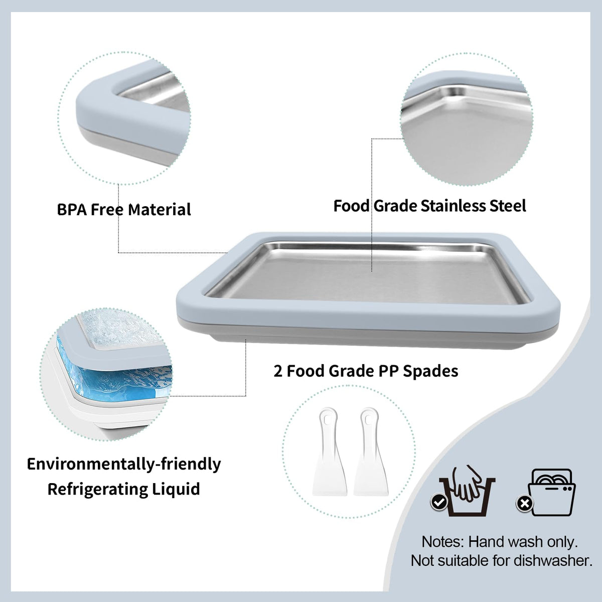 Rolled Ice Cream Maker  Ice Cream Maker with 2 Spatulas Frozen Yoghurt Plate Homemade DIY  Gelato Pan/Roll (Light Blue)