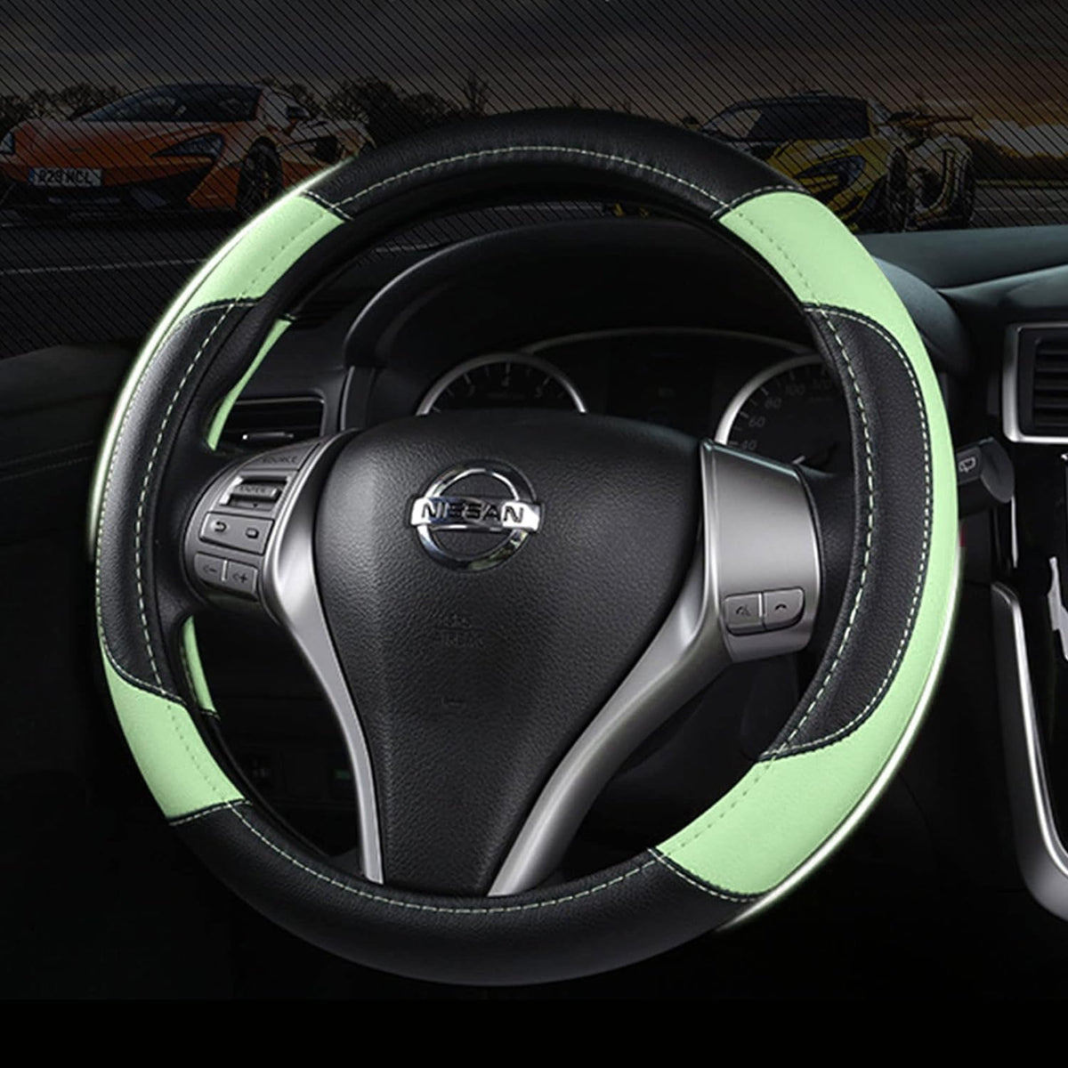 Leather Car Steering Wheel Cover, Non-Slip Car Wheel Cover Protector Breathable Microfiber Leather Universal Fit for Most Cars (Green)