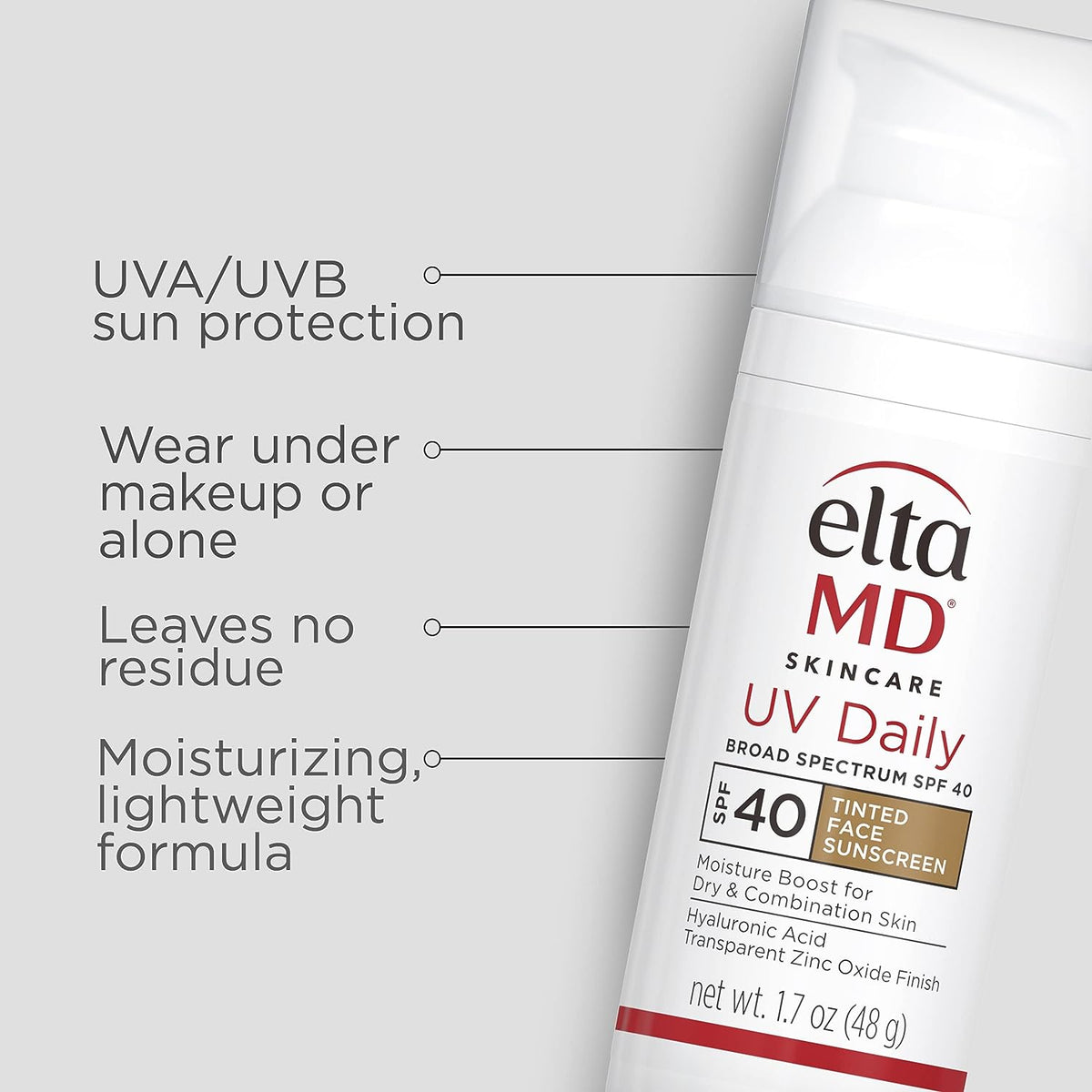 EltaMD UV Daily Tinted Sunscreen with Zinc Oxide, SPF 40 Face Sunscreen Moisturizer, Helps Hydrate Skin and Decrease Wrinkles, Lightweight Face Sunscreen, Absorbs Into Skin Quickly, 1.7 oz Pump