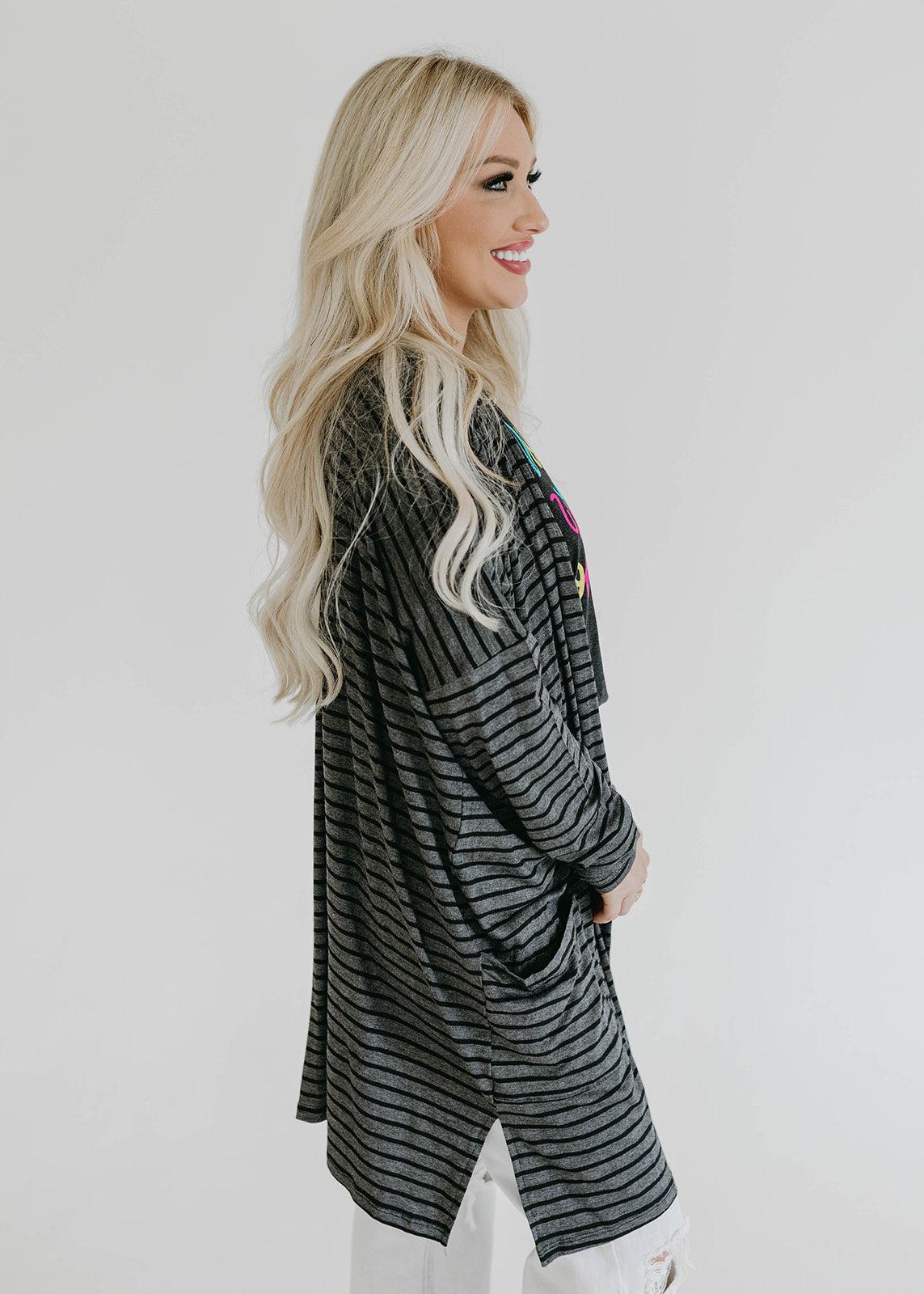 &amp; black striped long pocket cardigan