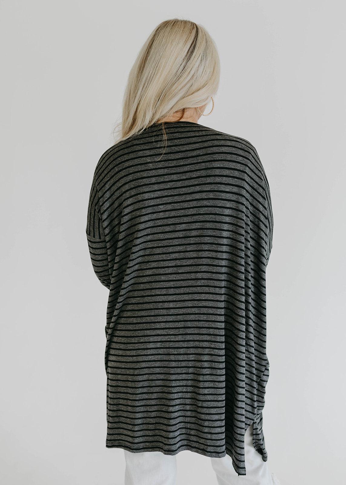 &amp; black striped long pocket cardigan