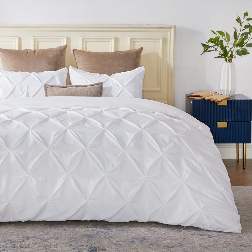 Bedsure White Duvet Cover California King - Pinch Pleated California King Size Duvet Cover with Zipper Closure, Microfiber Pintuck Duvet Cover(White, Cal King)