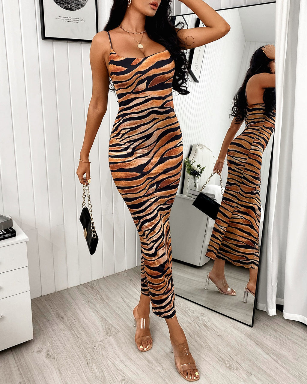 Tiger Print Square Neck Spaghetti Strap Maxi Dress