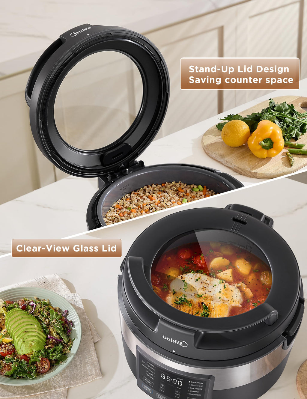 Rice Cooker for 8-Cups Uncooked Rice with 10 Multifunction CooPrograms Including Sauteing, Steaming, and Simmering, Features a Non-Stick Inner Pot with Handles and Glass Lid