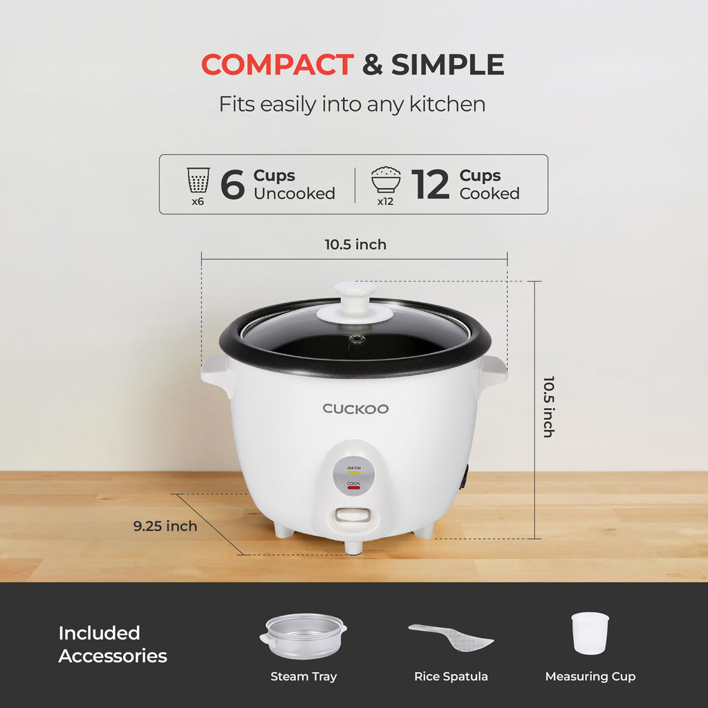 One Touch Rice Cooker 12-Cup Cooked, Small Rice Cooker & Warmer with Steamer Tray, Versatile Grain Cooker, Soup Maker, Auto Keep Warm, 6-Cup Uncooked, White (CR-0601C)