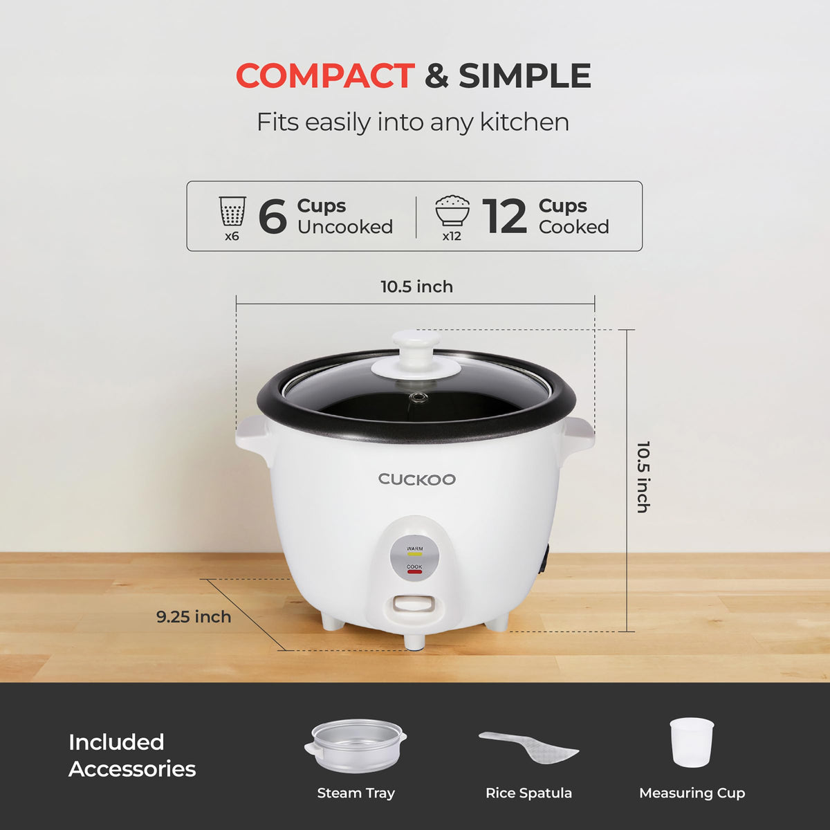 One Touch Rice Cooker 12-Cup Cooked, Small Rice Cooker & Warmer with Steamer Tray, Versatile Grain Cooker, Soup Maker, Auto Keep Warm, 6-Cup Uncooked, White (CR-0601C)