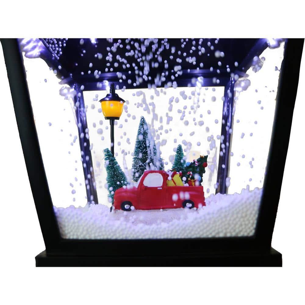 71 in. Christmas Musical Snowy Street Lamp with Retro Truck Scene, 2 Rustic Signs, Cascading Snow and Christmas Carols