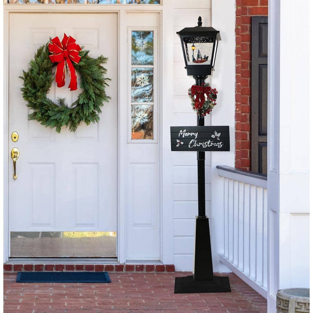 71 in. Christmas Musical Snowy Street Lamp with Retro Truck Scene, 2 Rustic Signs, Cascading Snow and Christmas Carols