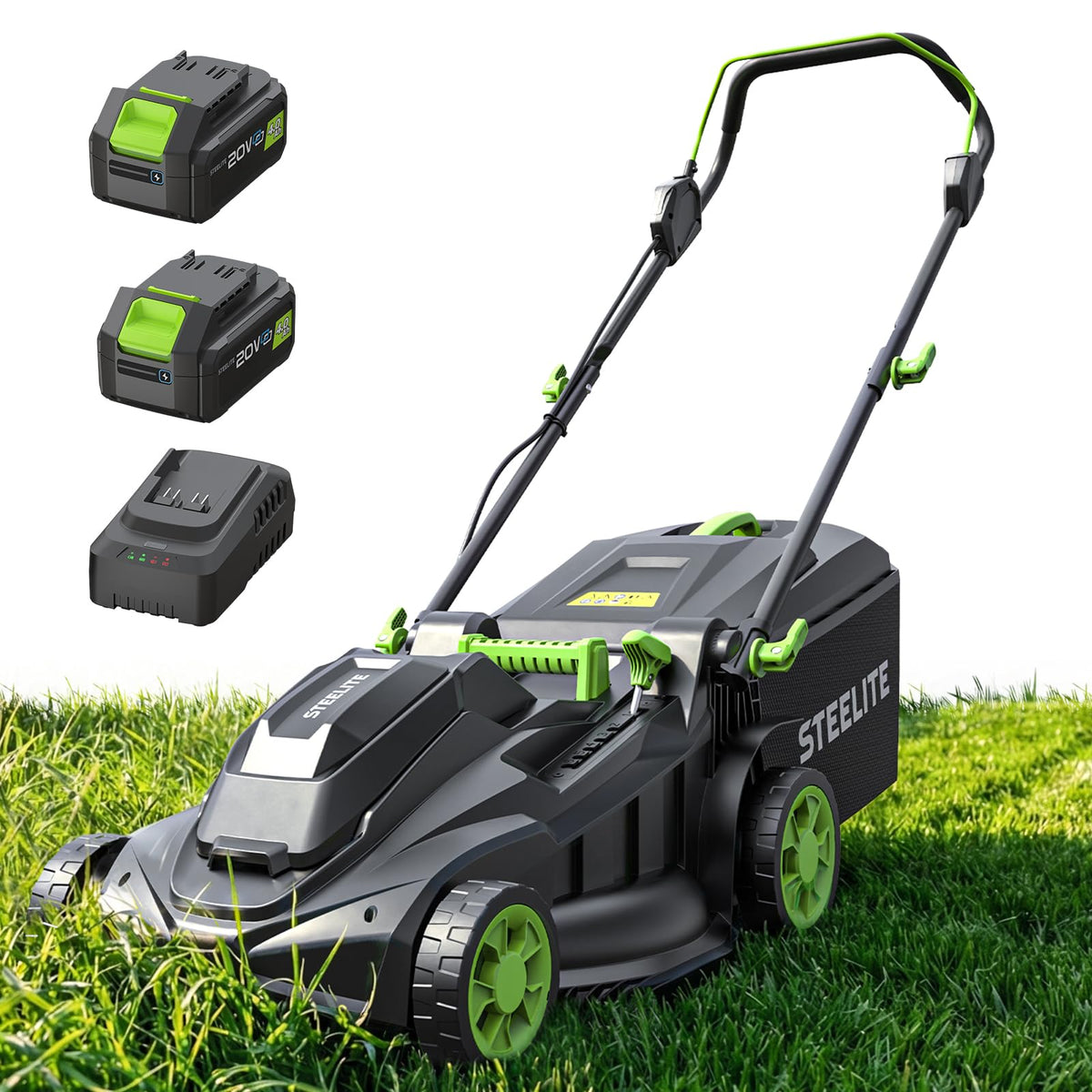 40V 17 Inch Electric Lawn Mower Cordless, Brushless Motor, 6-Position Height Adjustment, 2-in-1 Bagging &amp; Mulching, Includes 2 x 4.0Ah Batteries and Battery Charger