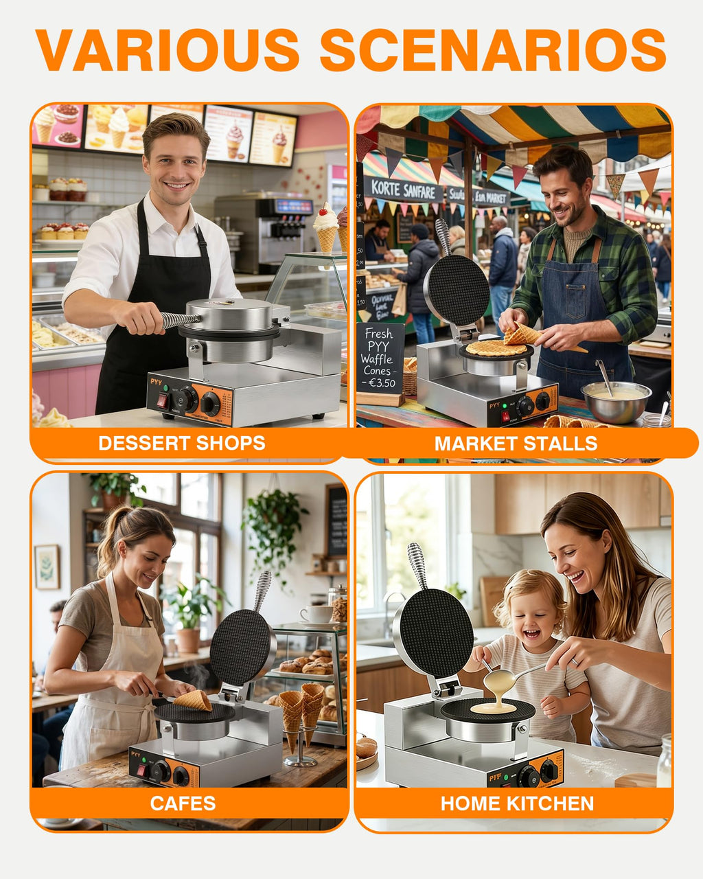 Commercial Waffle Cone Maker Machine, 1200W Ice Cream Cone Maker with Nonstick Plates, Adjustable Temperature & Timer,  Steel Electric Waffle Cone Baker for Ice Cream Shops, Cafes & Home