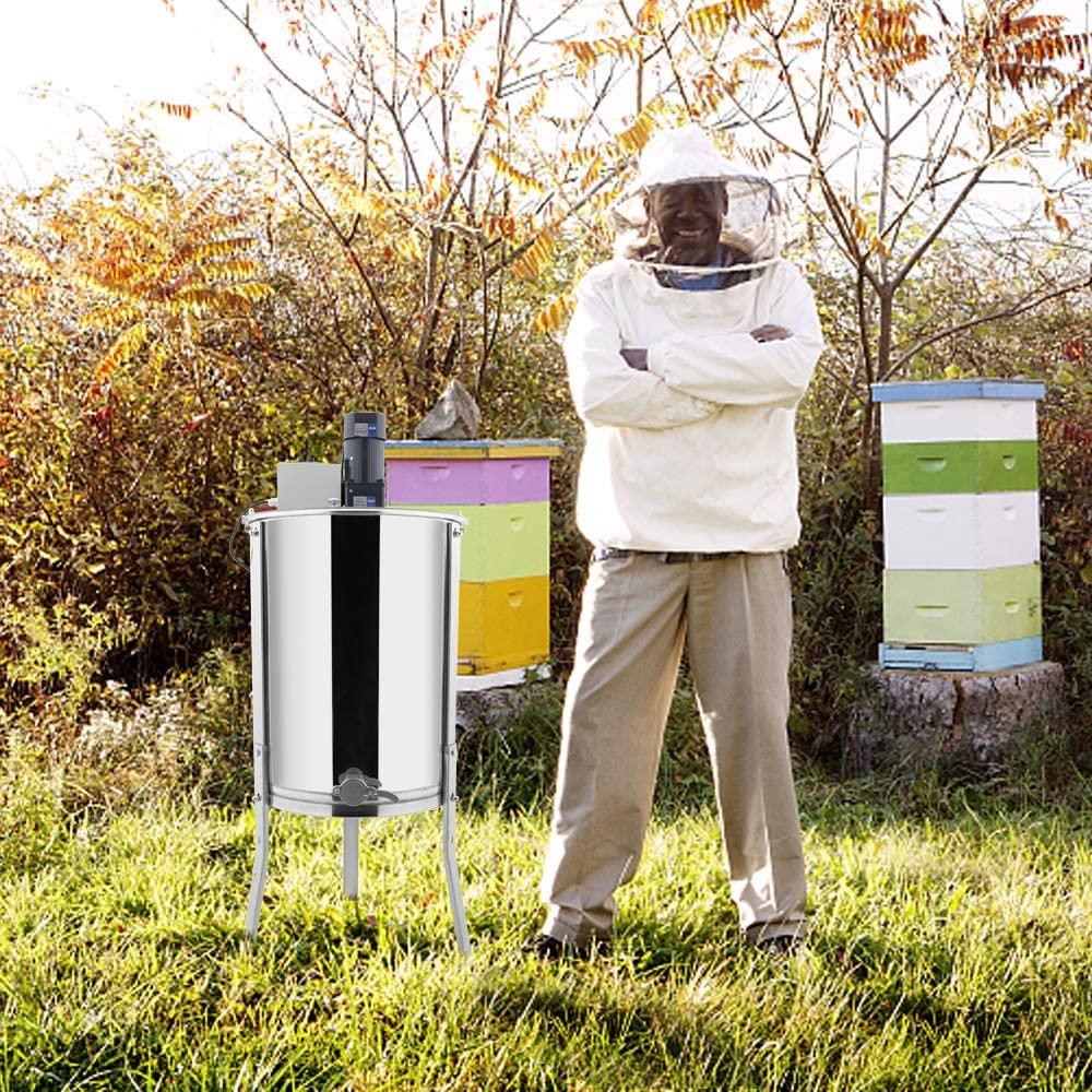 vingli upgraded electric 4 frame honey extractor, stainless steel honeycomb spinner drum with adjustable height stands, beekeeping pro apiary centrifuge equipment