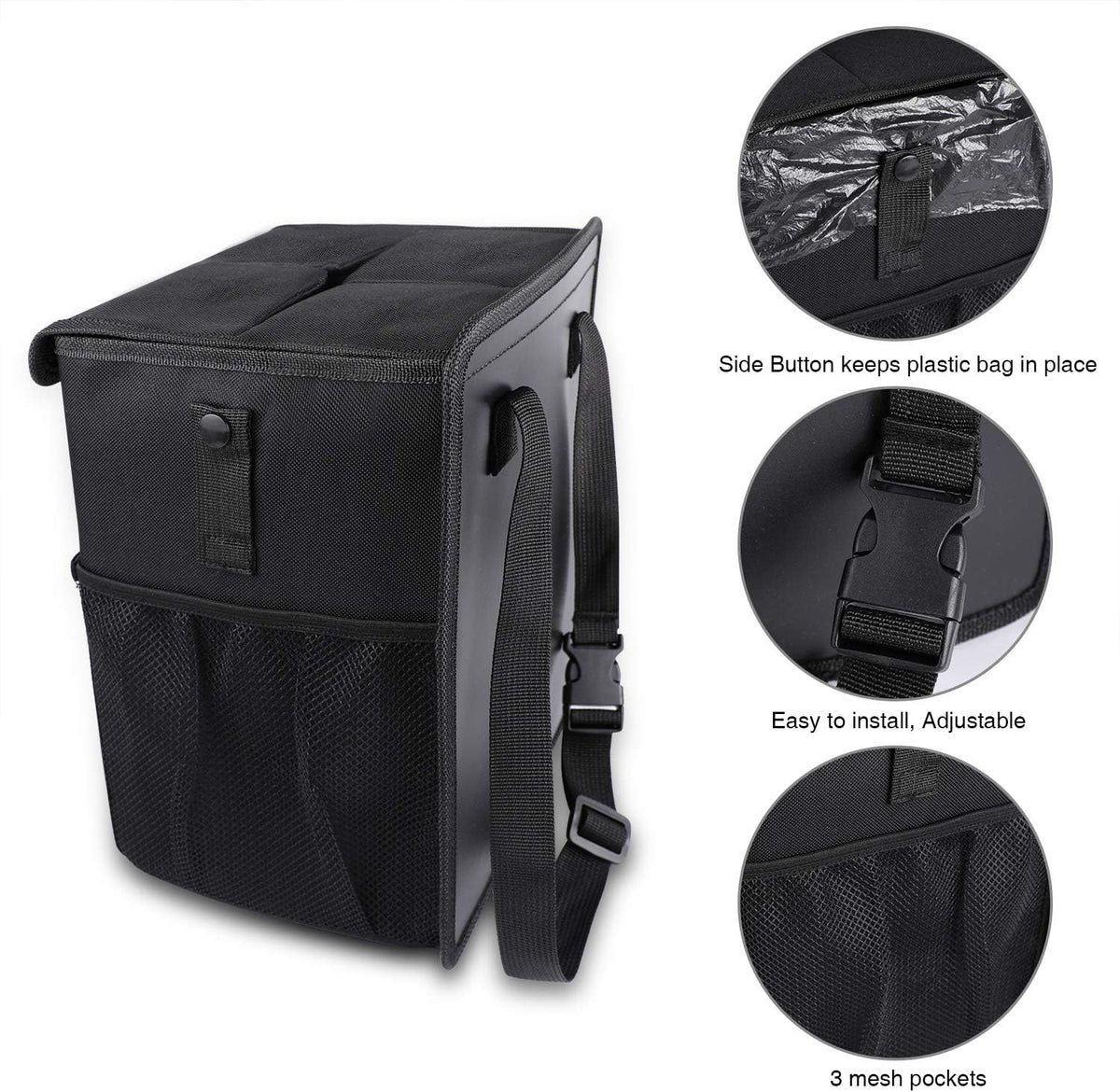 PowerTiger CAR ACCESSORIES Hanging Car Trash Can Bin - Car Garbage Cans Bag with Lid &amp; 3 Mesh Storage Pockets 2.64 Gallon