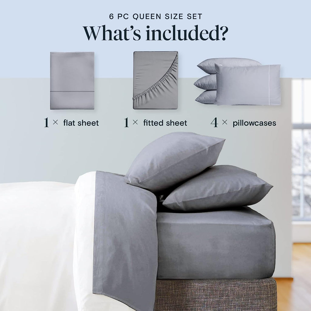 LuxClub 6 PC Queen Sheet Set Bamboo Sheets Deep Pockets 18" Eco Friendly Wrinkle Free Cooling Sheets Machine Washable Hotel Bedding Silky Soft -Silver Queen