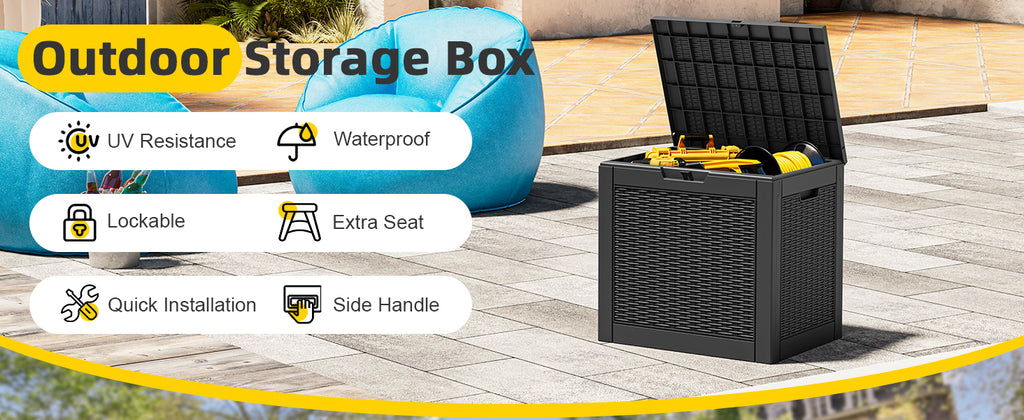 75 Gallon Outdoor Deck Box Waterproof, LarStoraBox for Patio, Resin StoraBench Lockable for Garden Tools, PackaDelivery, Black