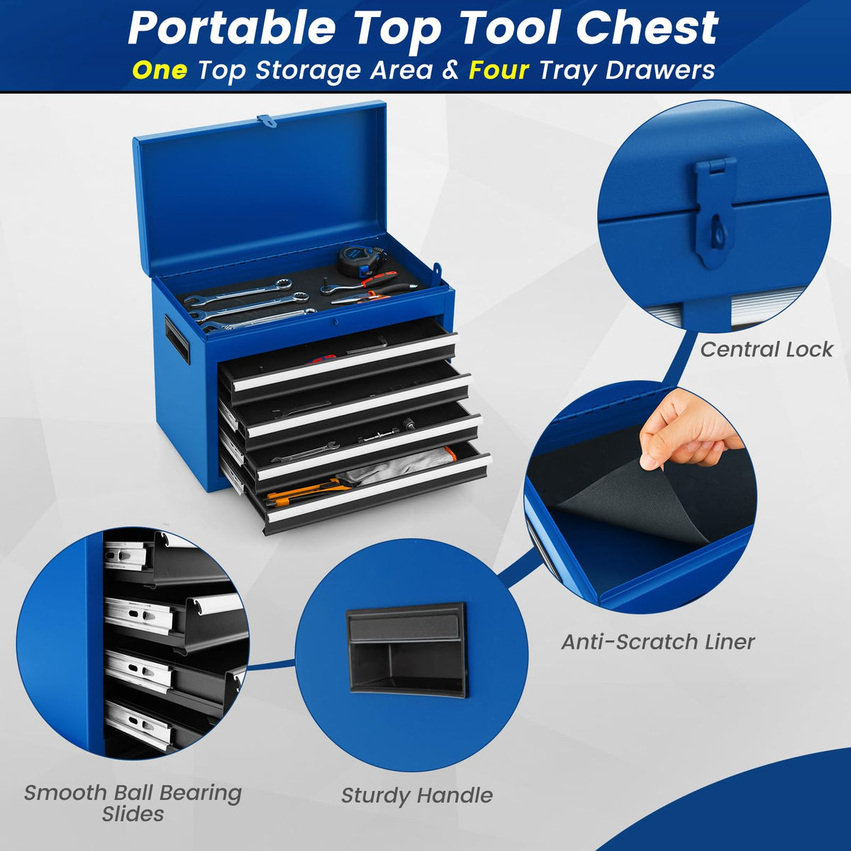 Rolling Tool Chest, 5-Drawer Tool Box Organizer w/Lockable Wheels & Sliding Drawers & Detachable Top & Adjustable Shelf, Tool StoraCabinet for GaraWorkshop (Blue)