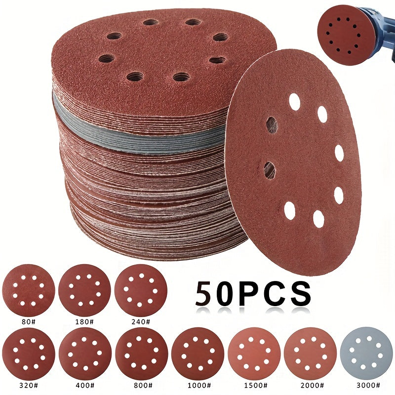 50pcs 12.5cm/4.92in Sandpaper Round Sanding Discs - 8 Hole Hook & Loop Sander Polishing Pad for Buffing & Sanding