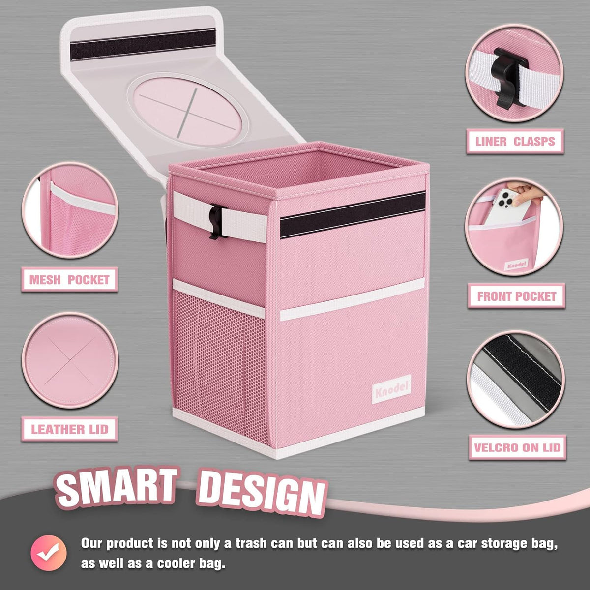 K KNODEL Car Trash Can, Waterproof Garbage Bag with Lid, Leak-Proof Car Trash Bin, Car Trash Hanging (Pink, Medium)