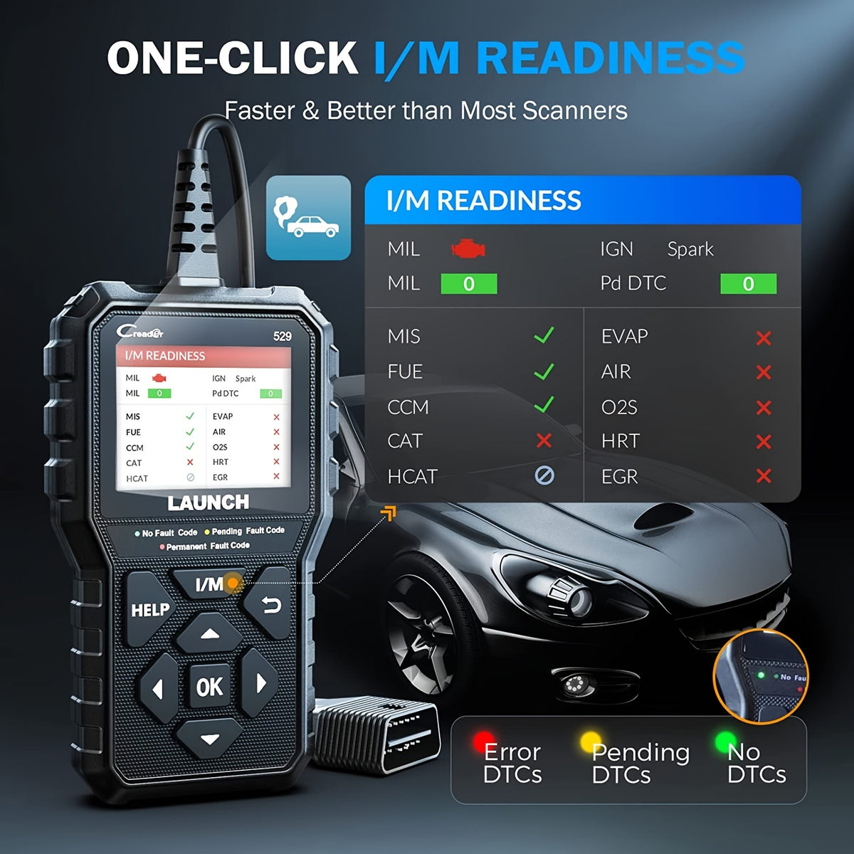 LAUNCH OBD2 Scanner CR529 One-Click I/M, Full OBDII Code Reader, 5 Years Quality Backup, F Ree Lifetime Update Diagnostic Scan Tool, Clear Codes